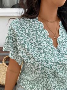 SHEIN Frenchy 大码休闲度假贝壳边饰蝙蝠袖宽松套头衫 - 綠色 - 查看 6