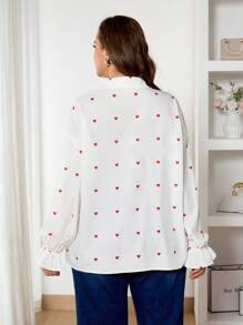 SHEIN Frenchy Plus Size Casual Office Heart Print Ruffle Sleeve Shirt - White - View 6