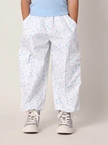 SUMWON Adorable Girls Amour Paris Ribbed Baby Tee Floral Cargo Pants Set Spring Summer Casual Play Set Toddler Kids Outfit - Blue - View 4