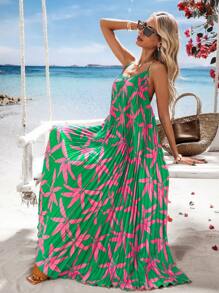 Vivid Eden Robe d'été pour vacances avec imprimé floral, bretelles spaghetti, dos nu et ourlet plissé à hauteur irrégulière pour femmes - Multicolore - Voir 3