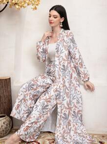 Mulvari 2pcs/Set Women Botanical Print Long Sleeve Robe & Pants Set - Multicolor - View 8