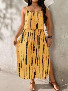 SHEIN LUNE Plus Size Tie-Dye Waist Slit Camisole Dress, Skin-Friendly - Yellow - View 6