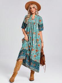 SHEIN LUNE 立领 V 领灯笼袖褶饰高低下摆度假优雅女士长裙带印花