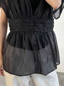 FRIFUL 女士网眼短袖褶腰休闲上衣，适合休闲度假，荷叶边