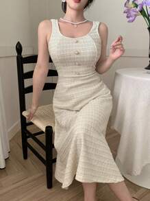 DAZY U领无袖格子长连衣裙，女士舞会礼服，吊带裙，休闲女装，优雅女装 - 米色 - 查看 6