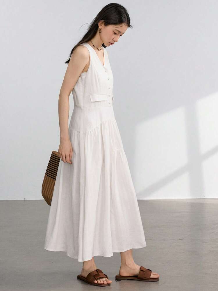 Casual Business Style Simple Linen Solid Color Oversized Pocket Decorative Waist Flared Hem V-Neck Sleeveless Midi Dress For Women Old Money Style