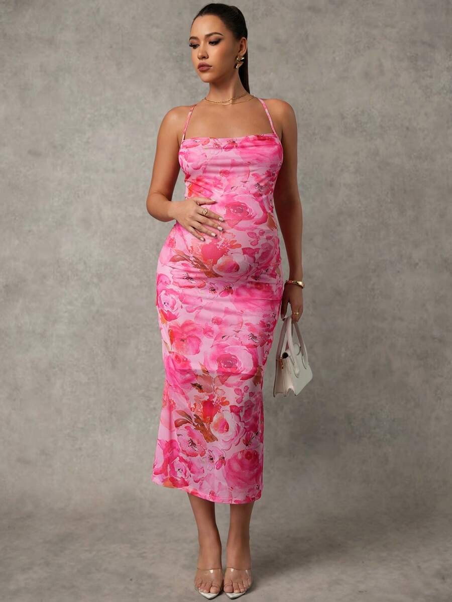 MaterniChic Elegant Floral Print Bodycon Maternity Dress - Black and White - View 1