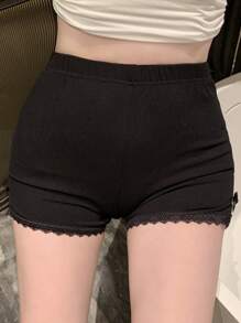 DAZY Women's Knit Ribbed Fabric With Lace Trim Slit Design Shorts - Black - View 3