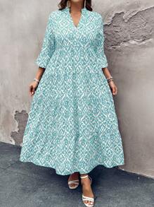SHEIN LUNE Váy đi nghỉ tay loe in hoa cổ chữ V cỡ lớn cho nữ - Màu xanh bạc hà - Xem 6