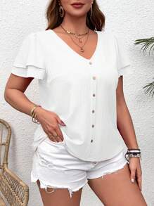 SHEIN VCAY Plus Size Layered Ruffle V-Neck Short Sleeve Vacation Shirt - White - View 1