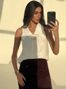Aloruh Camisa informal sin mangas con cuello de mujer de unicolor