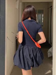 DAZY Women's Fitted Short Bubble Hem Dress Sundress Shirt Dress,Casual Women Dresses - Black - View 3