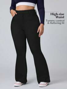 Flexra Celana Jeans Denim Model Flare Rajut Elastis untuk Wanita Ukuran Plus, Modis dan Melangsingkan - Hitam - View 6