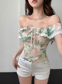 DAZY 花卉露肩短袖上衣，女士夏季度假扎染上衣邮轮女装，荷叶边，短款上衣，女士外出复活节上衣 - 綠色 - 查看 4
