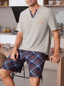CoupledUp 2pcs Sleepwear Set For Men: Bear Embroidery V-Neck Short Sleeve Top And Plaid Shorts - Multicolor - View 6
