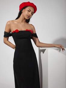 COSMINA Vestido largo elegante de mujer con decoración floral y hombros descubiertos