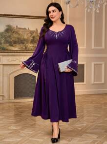 Modelyn 大码女式钻石 V 领长袖休闲长款阿巴亚连衣裙 - 紫色 - 查看 5