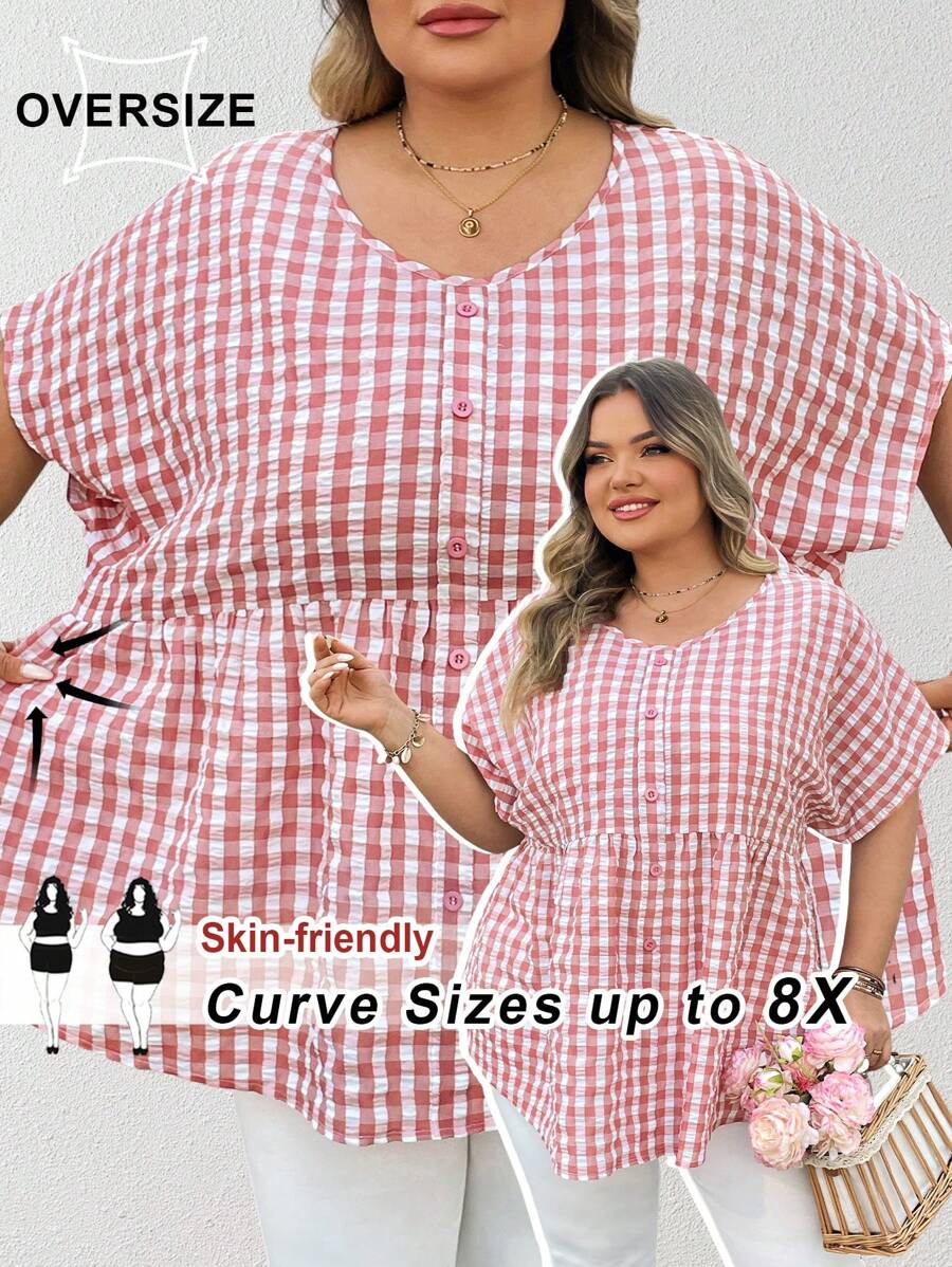 SHEIN CURVE+ CURVE PLUS /Valentine's Day/Plus Size Women Plaid Bat Wing Short Sleeve Ruffle Hem Shirt,Valentines,Rose,Heart,Polka Dot,Love,Lip,Cupid,3D Flower - Multicolor - View 1
