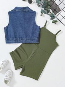 SHEIN Conjunto de 2 piezas con top sin mangas de botones delanteros y mono para niñas pequeñas - Conjunto de ropa de verano para niñas - Azul - Ver 2