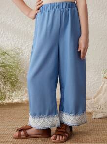 Blossori Quần denim ống rộng cạp chun co giãn viền ren màu xanh thanh lịch cho bé gái, mùa xuân/hè - Màu xanh lam - Xem 6