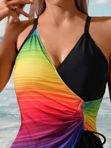 Beach Outfits For Women, Fashion Rainbow Gradient Tight Sexy Classic Contrast Color One-Piece Swimsuit For Summer - Multicolor - View 4