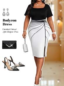 Fleurora 大码女式夏季商务专业拼色领口开衩紧身连衣裙 - 黑與白 - 查看 1