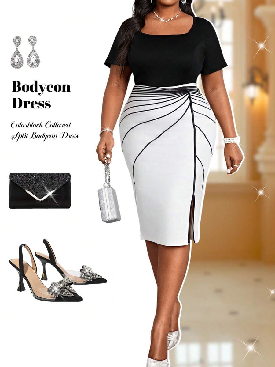 Fleurora 大码女式夏季商务专业拼色领口开衩紧身连衣裙 - 黑與白 - 查看 1