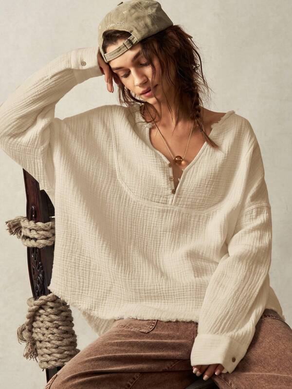 Bohemela Boho Vacation Comfort Solid Color Woven V-Neck Drop Shoulder Long Sleeve Loose Blouse For Women