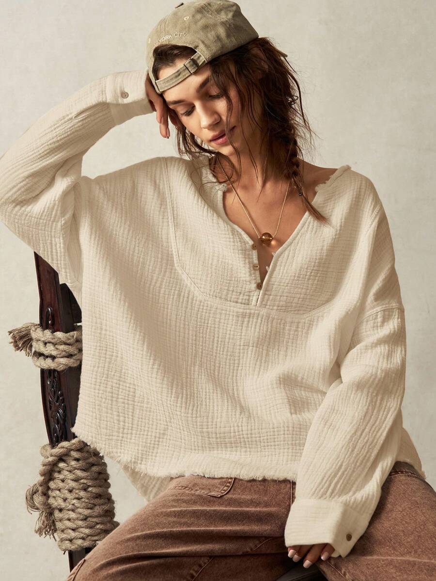 Bohemela 女式度假舒适纯色编织 V 领落肩长袖宽松衬衫 - 卡其色 - 查看 1