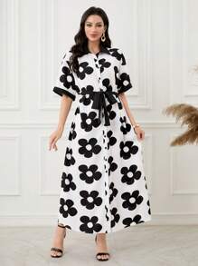Lacomfia Women's Woven Printed Contrast-Color Button Waist Long Sleeve Dress - Black - View 3