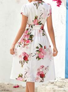 Ellevyn Robe midi évasée à imprimé floral avec col en V élégant pour femmes, avec ceinture, convient pour les vacances de printemps/été
