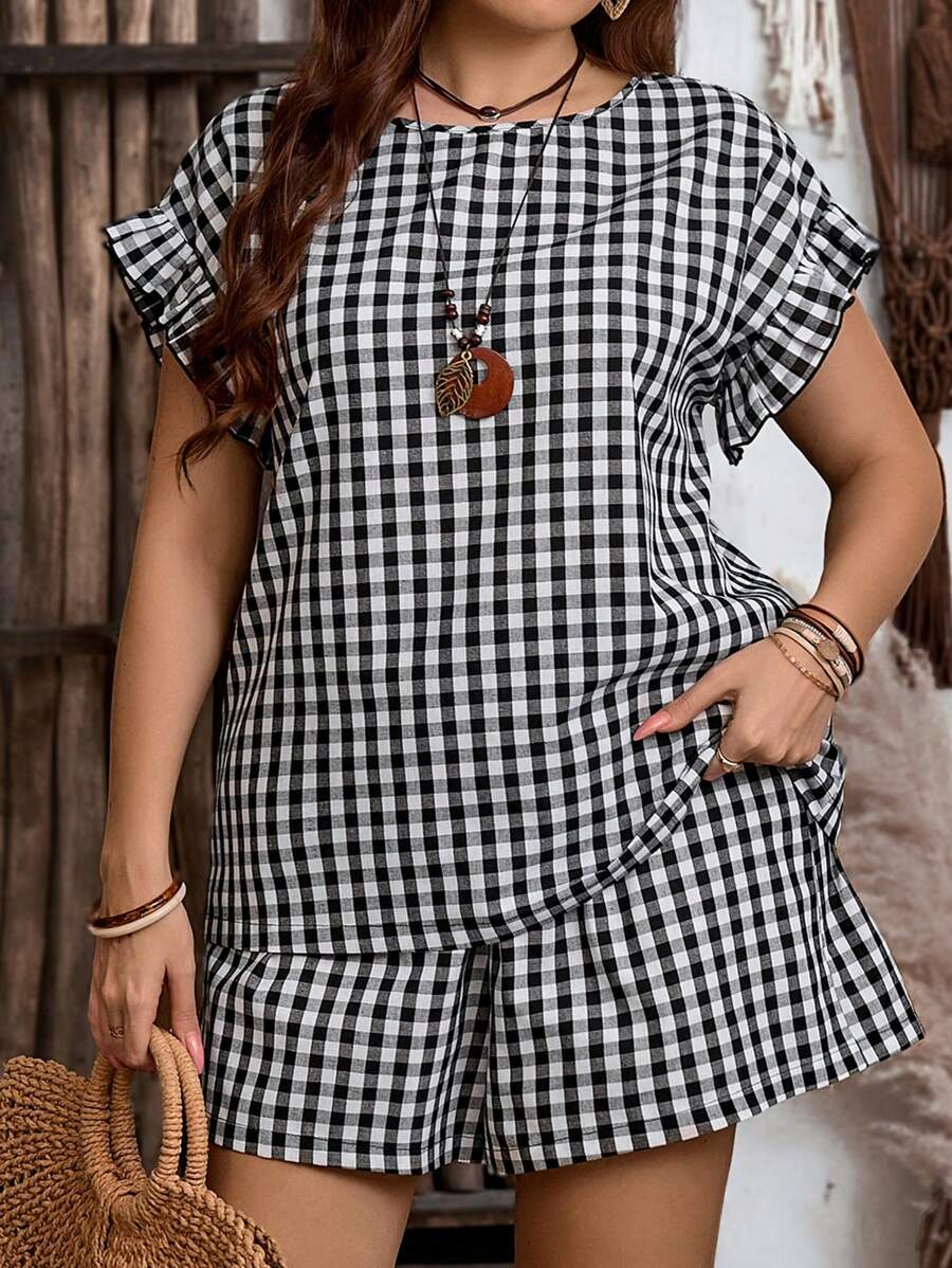 EMERY ROSE 2pcs/Set Plus Size Casual Round Neck Plaid Print Short Sleeve Top And Shorts Set Summer Outfits Spring Outfits For Women Vacation Outfits Woman Beach Outfits For Women - Black and White - View 1