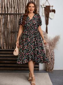 EMERY ROSE 大码女式碎花荷叶边袖度假连衣裙