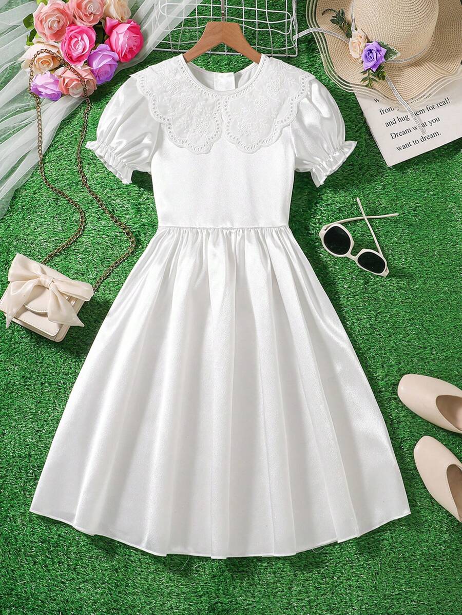 青少年女孩休闲度假可爱刺绣花朵边饰白色连衣裙 - 彩色 - 查看 1