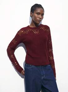 Maija Spring And Summer New Urban Modern Elegant Burgundy Hollow Crochet Texture Flower Women's Woolen Sweater Top Suitable For Daily Casual Outings Holiday Festival Party 90s Women's Clothing Retro Old Money Bohemian Music Festival