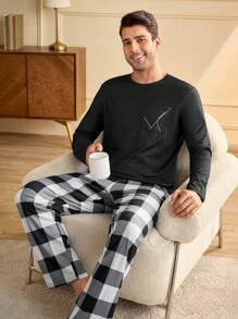 Manfinity Underwear&Sleepwear Basics 男士圆领长袖简约上衣和裤子家居服套装 - 黑色 - 查看 3