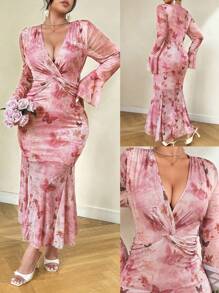 Celure 大码女式优雅高端精致法式及膝碎花修身鱼尾长裙，春季，情人节 - 粉色 - 查看 10