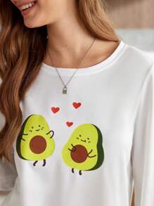 CoupledUp Conjunto de pijama con estampado de aguacate de dibujos animados para mujer, top y pantalón
