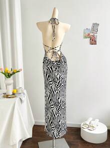 Soleia Women's Sexy Open-Back Zebra Print Dress Beach Vacation Outfits Spring Summer Outfits For Women West Music Festival Bohemia Holiday Boho,Lavender Dress - Multicolor - View 3