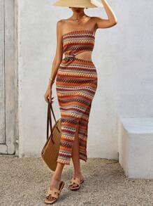 SHEIN VCAY 女式抹胸领、镂空腰部、前开衩长裙 - 彩色 - 查看 5