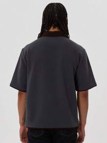 Musero Short Sleeve Drop Shoulder Oversized Contrast Button Placket And Collar Detail Button Up Polo Winter Layering - Multicolor - View 3