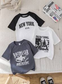 SHEIN Leap Crew Bộ 3 áo thun ngắn tay cổ tròn phối màu, kiểu dáng đường phố, giá cả phải chăng dành cho bé trai, phù hợp đi làm, đi học, mặc hàng ngày, chơi thể thao, mùa xuân/hè. - Đen và trắng - Xem 6