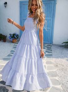 Vivid Eden Woven Striped Boat Neck Long Dress For Women,Summer Clothes,Valentine's Day,Vacation Outfits Woman,Beach Outfits For Woman, Festival,Romantic,Bohemian,BOHO, Sweet, Rave Outfits Festival,Tropical Vacation Woman Clothes - Blue and White - View 4