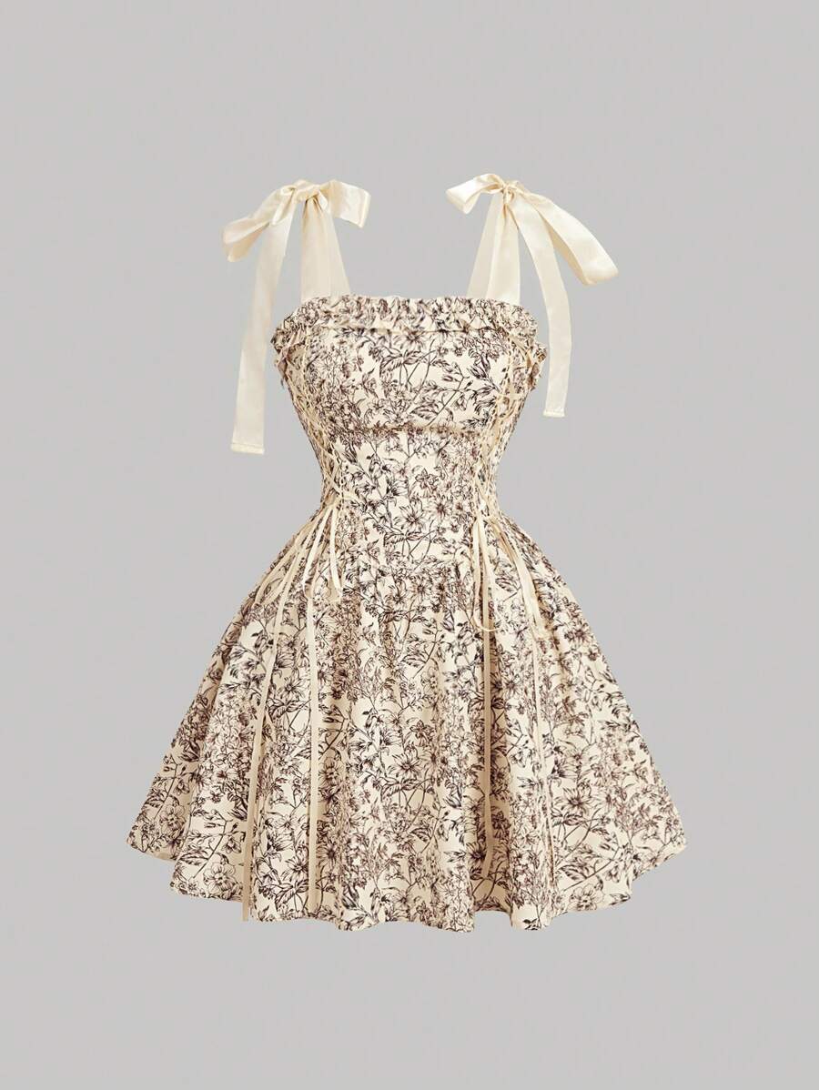 SHEIN MOD Women Brown Floral Print Belted Vintage Court Flared Skater Dress Pink Short Dress, Grad Tea Party Dress,Valentine Outfits - Yellow - View 1