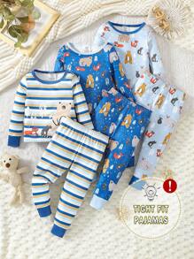 3pcs/Set Boys' Cute Cartoon & Striped Print Snug Fit Long Sleeve T-Shirt And Long Pants Pajamas - Multicolor - View 3