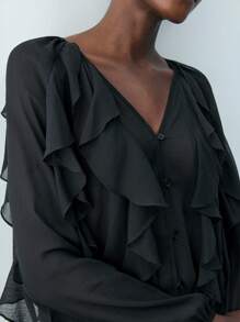 Maija Áo sơ mi ren nhiều lớp màu đen thanh lịch hiện đại mùa xuân và mùa hè mới dành cho nữ, tuyệt đẹp hàng ngày, giản dị, lãng mạn, kỳ nghỉ, thích hợp cho các buổi tiệc ngoài trời, khách dự tiệc cưới, phong cách quý tộc cổ điển, ngày lễ tình nhân, trang phục nữ thập niên 90, lễ hội âm nhạc Bohemian - màu đen - Xem 7