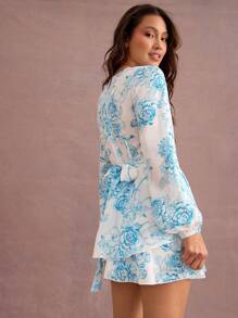 WESTFADE Spring Flower Printed Chiffon Surplice V Neck Bow Back Ruffle Tiered Long Sleeve Mini Dress Summer Vacation 90s Dress - Multicolor - View 2