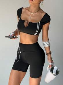 SHEIN Sport Studio 2 Pieces Set: Contrast Color Elastic Off Shoulder Top And Regular Fitted Workout Shorts
