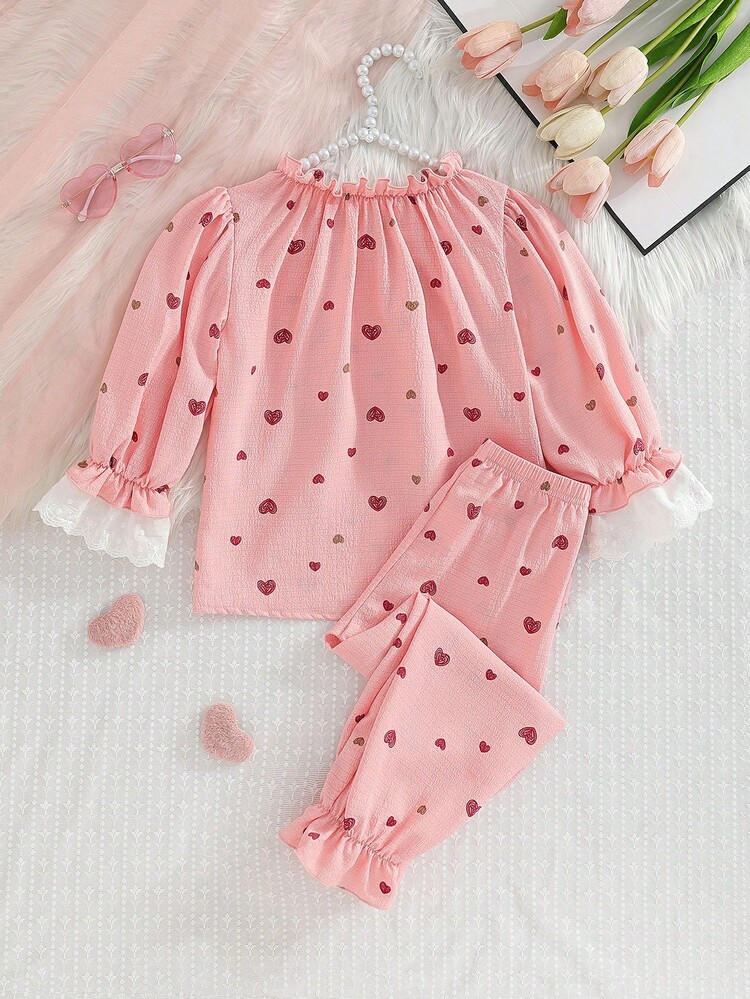 Young Girls' Ruffle Collar Comfy Textured Heart Print Long Sleeve Pajama Set - Pink - View 2