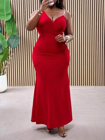 Slaydiva 大码不对称无袖红色优雅美人鱼下摆长裙